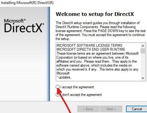 Click on I accept the agreement radio button to continue installing DirectX