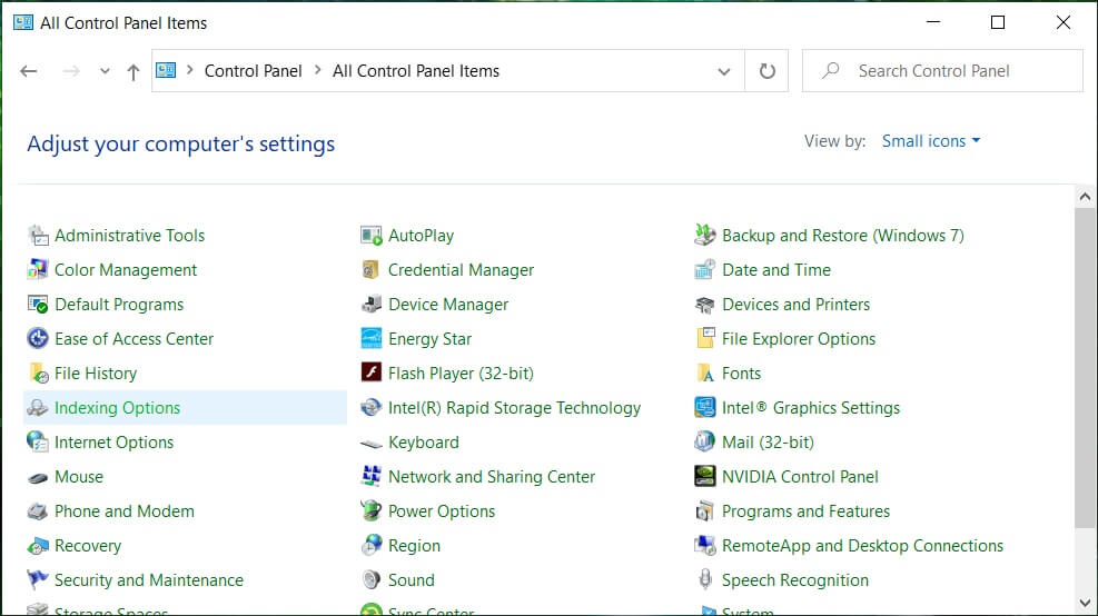 Click on Indexing Option