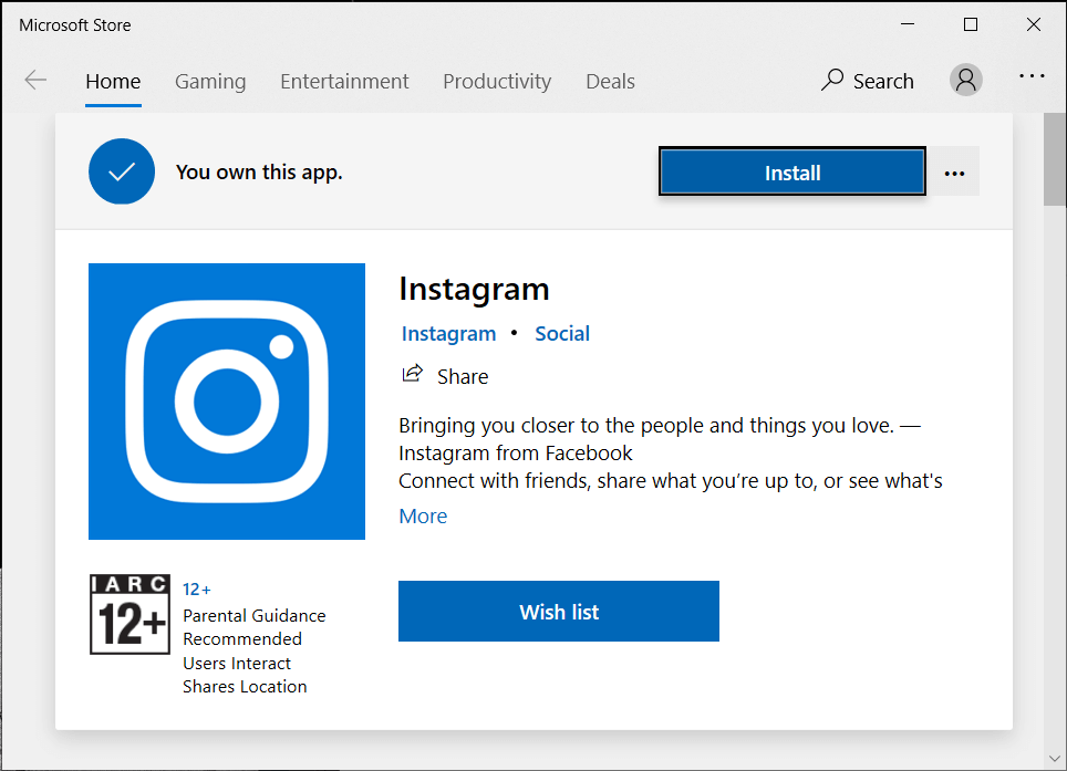 Нажмите кнопку «Установить», чтобы установить Instagram для ПК с Windows 10.