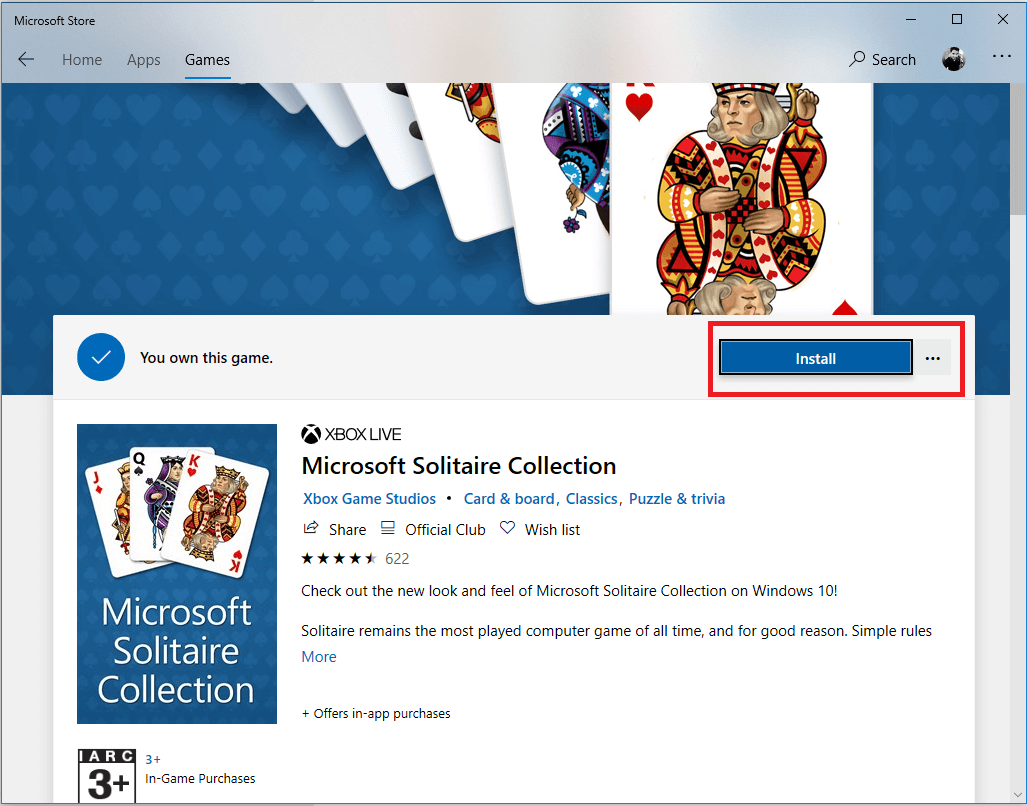 Нажмите «Установить», чтобы установить приложение «Коллекция пасьянсов Microsoft».