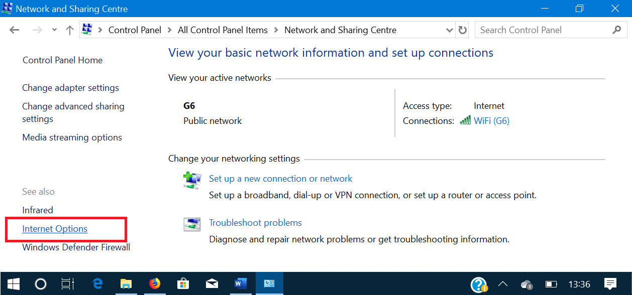 Click on Internet settings in the bottom left corner of the Control Panel Window.
