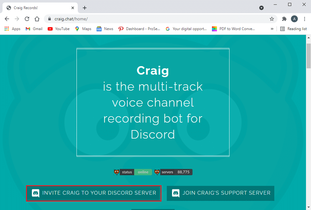 Click on Invite Craig to your Discord server link from the bottom of the screen