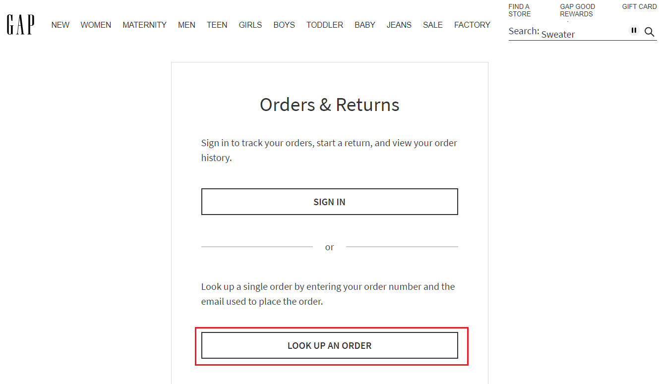 Click on LOOK UP AN ORDER | How to Check Gap Order Status