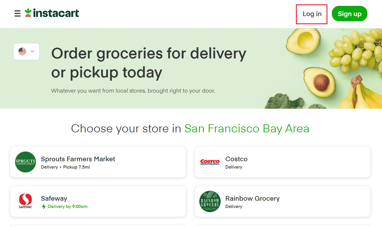Click on Log in from the top right corner | How to Cancel Instacart Subscription