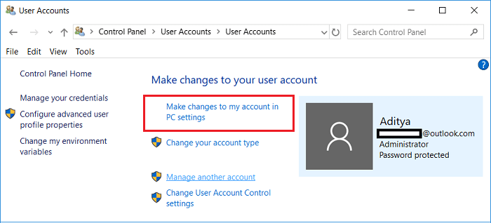 Click on Make changes to my account in PC settings under User accounts