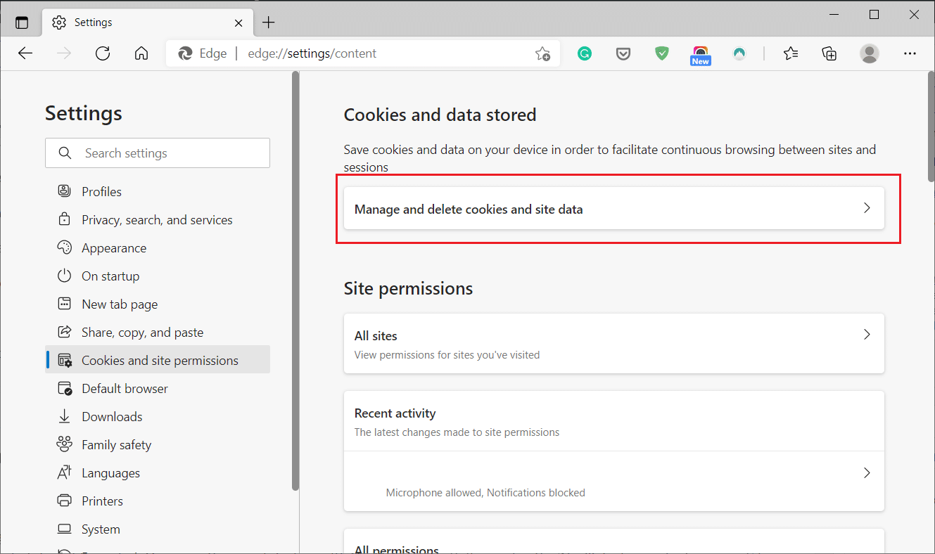 [Cookie とサイト データの管理と削除] をクリックします。 YouTube がサインアウトし続ける問題を修正