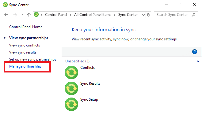 Click on Manage offline files from the left window pane under Sync Center