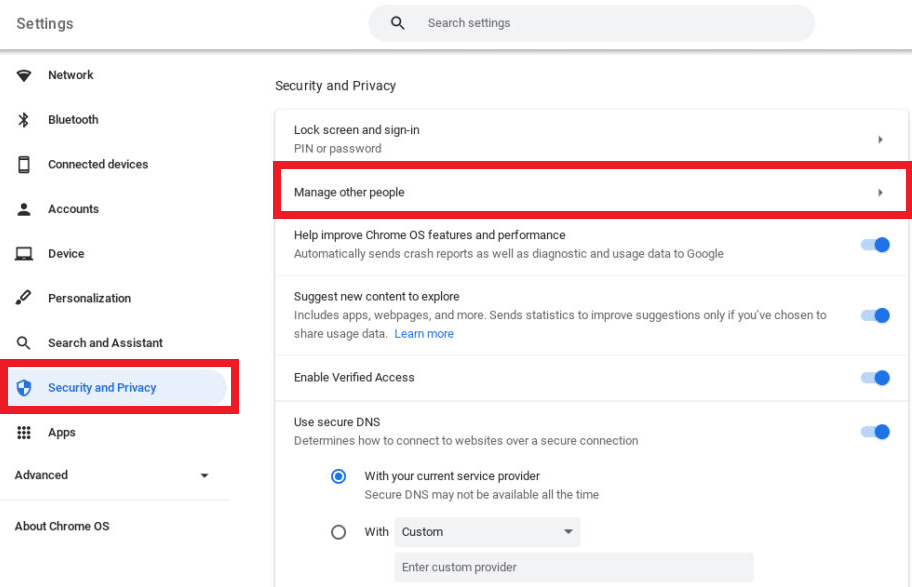 Click on Manage other people under the Security and Privacy section | How to Bypass Administrator on School Chromebook
