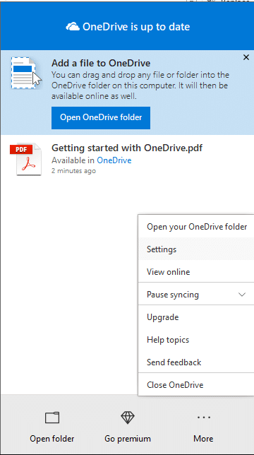 Click on More and select Settings under One Drive