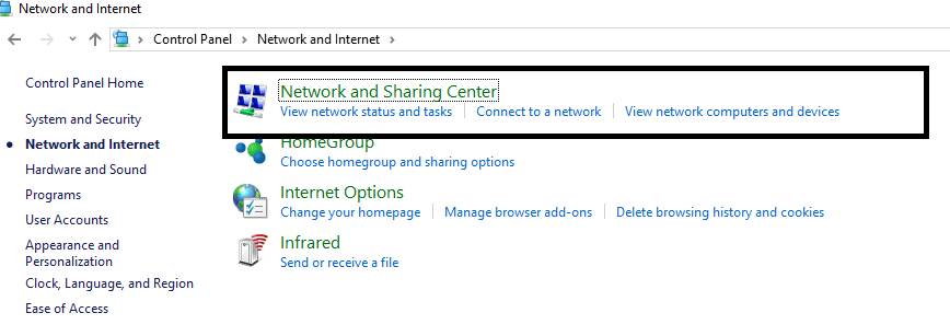 Click on Network and Sharing Center