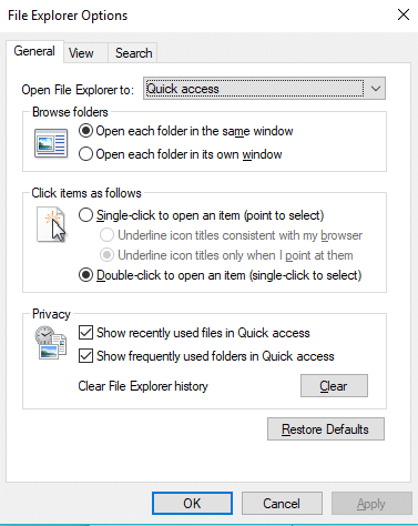Klik op OK en File Explorer Options dialoogkassie sal verskyn