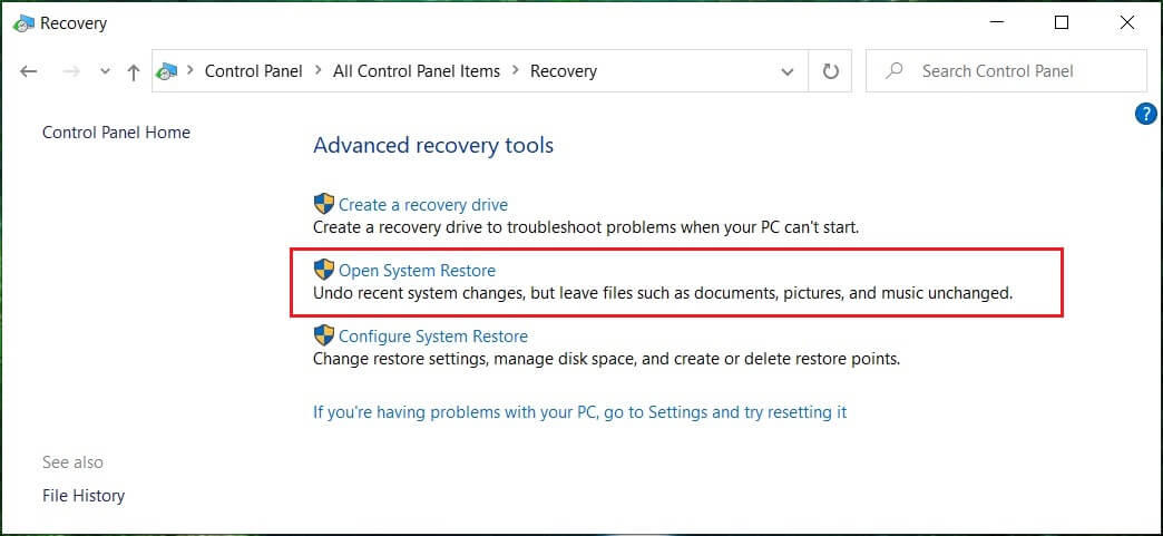 Click on Open System Restore to undo recent system changes