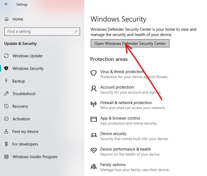 Click on Open Windows Defender Security CenterClick on Open Windows Defender Security Center