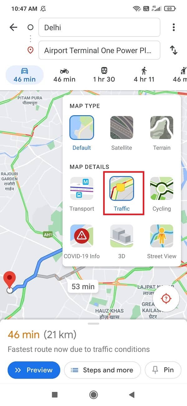 Click on Overlay icon and select Traffic under Maps