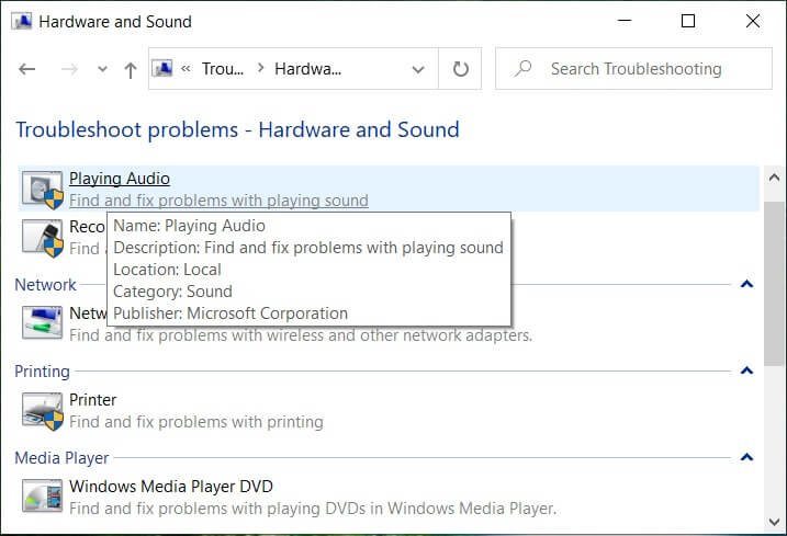 Click on Playing Audio inside Sound sub-category