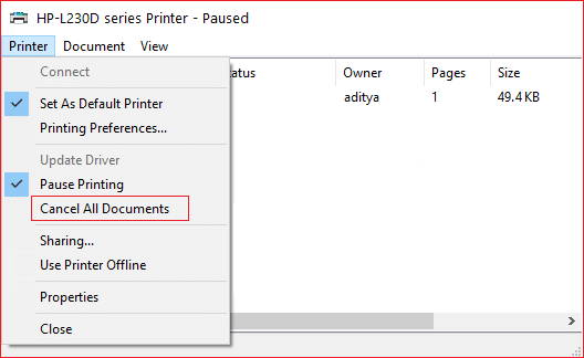 Click on Printer from the Menu & select cancel all Documents | Cancel or Delete a Stuck Print Job
