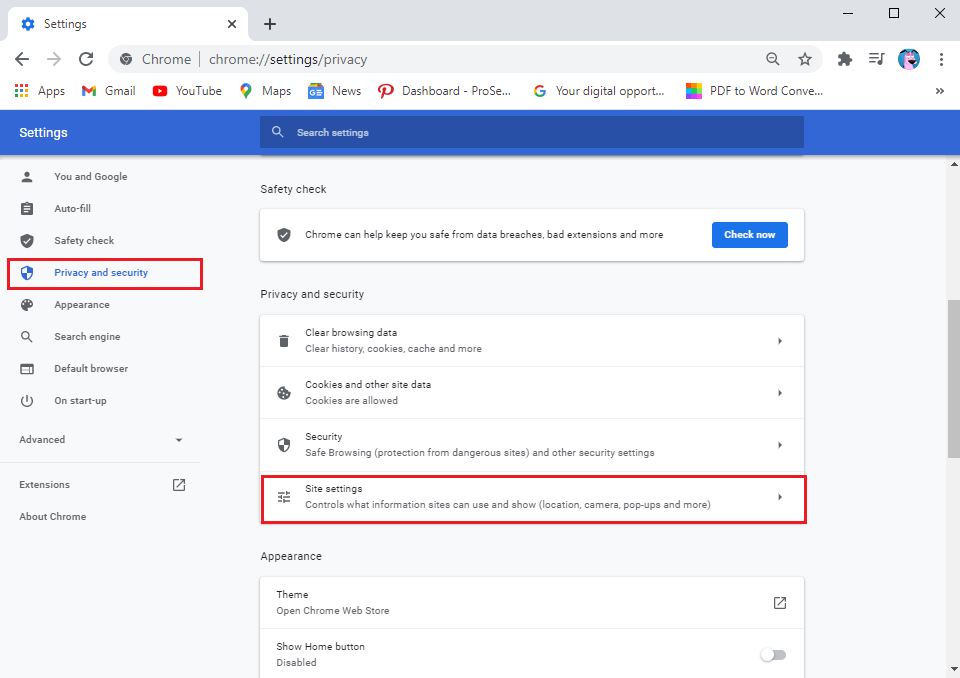 Click on Privacy and security from the panel on the left then scroll down and go to Site settings.