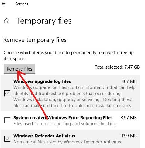 Click on Remove Files | Delete Temporary Files In Windows 10