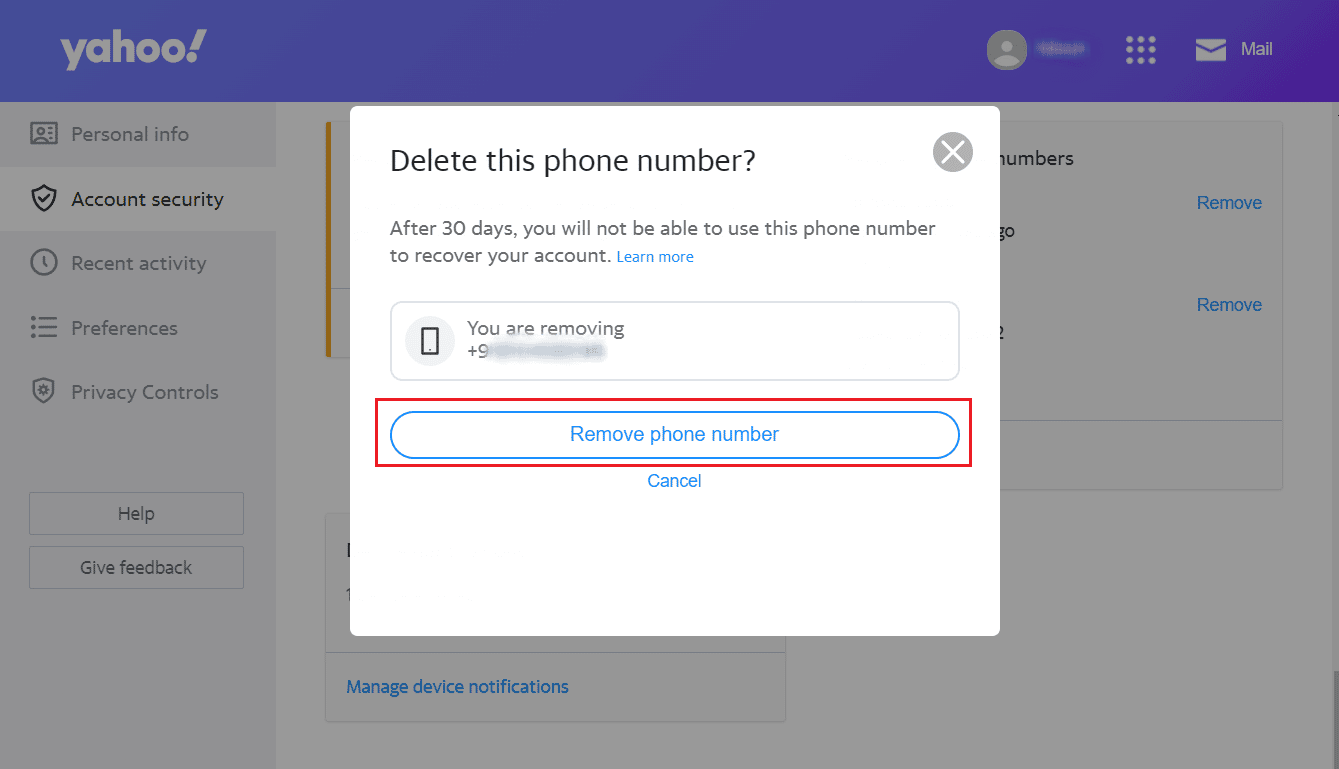 Click on Remove phone number to confirm the removal