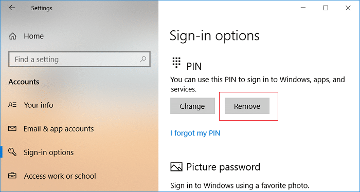 Click on Remove under PIN Sign-in options | Fix Enter Network Credentials Error on Windows 10