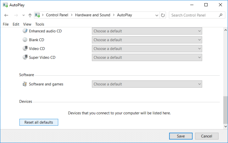 Click on Reset all defaults button to quickly set Choose a default as the AutoPlay default
