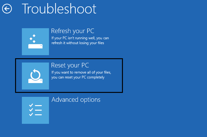 Click on Reset your PC under Troubleshooter screen