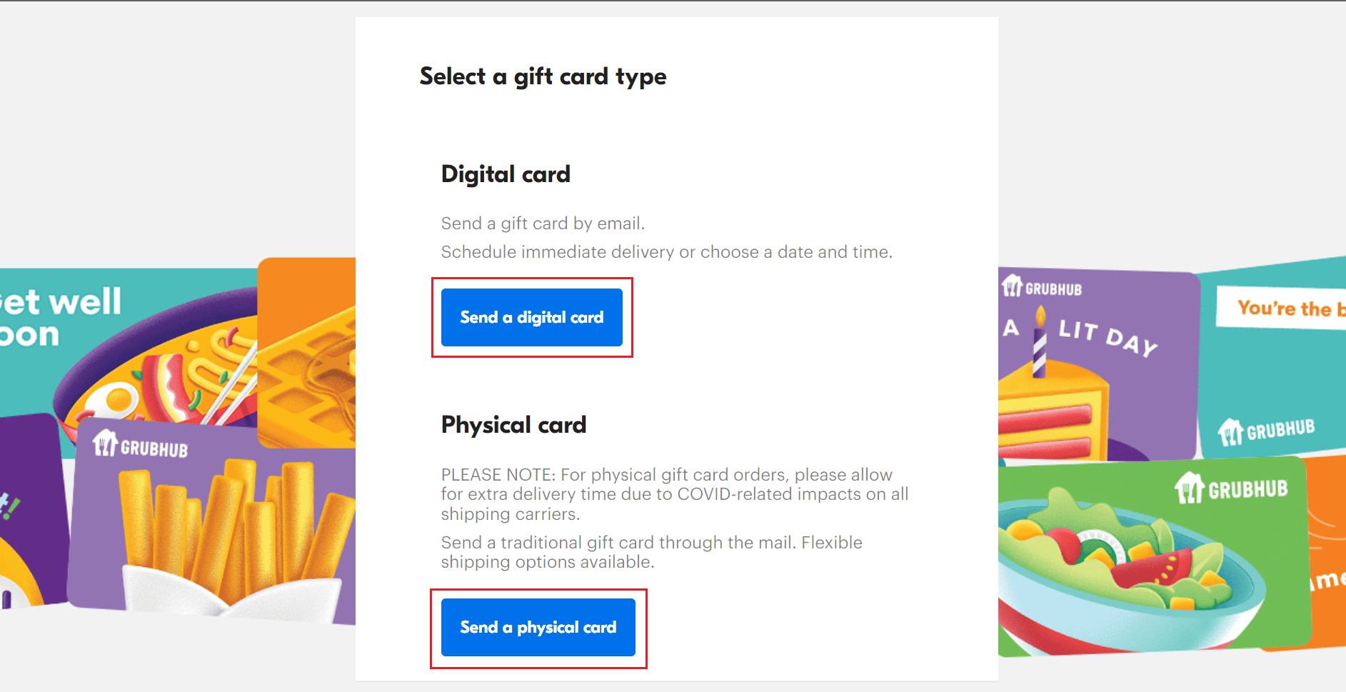 Click on Send a digital card or Send a physical card
