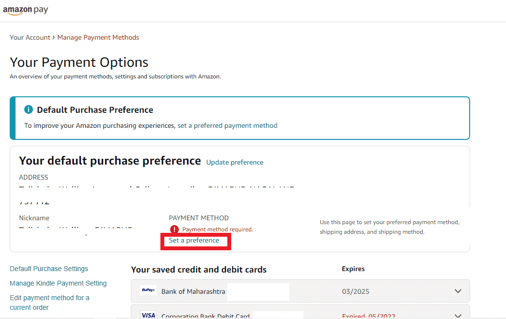 Click on Set a preference under the PAYMENT METHOD section