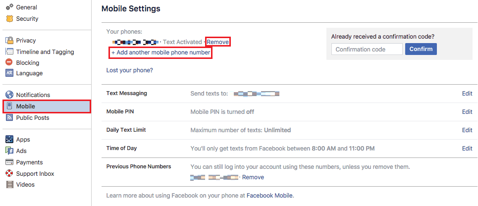 Click on Settings - Mobile - Remove or Add another mobile phone numberClick on Settings - Mobile - Remove or Add another mobile phone number