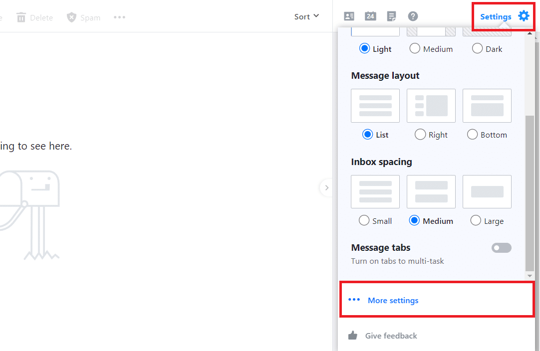 Click on Settings from top right and More settings from drop down menu | How to Open Yahoo Mail Photos