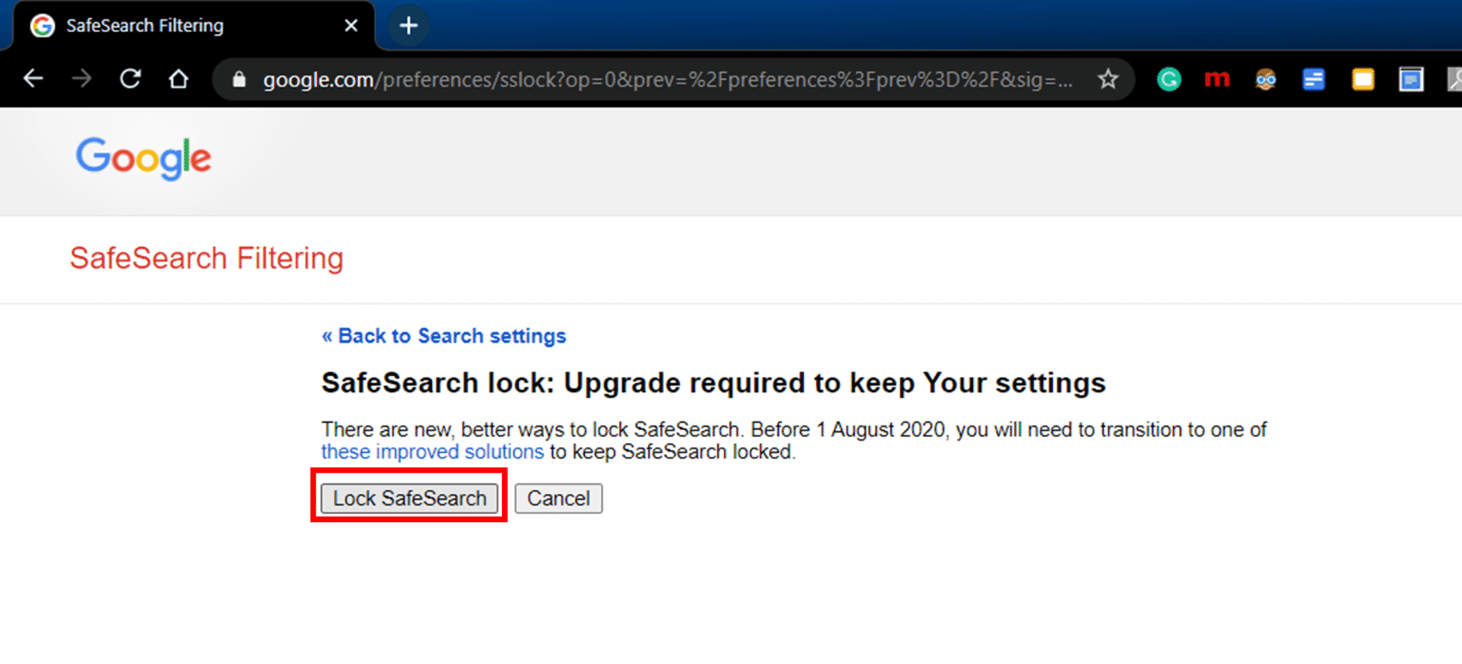 Click on Settings of Google Search then Click on “Lock SafeSearch”