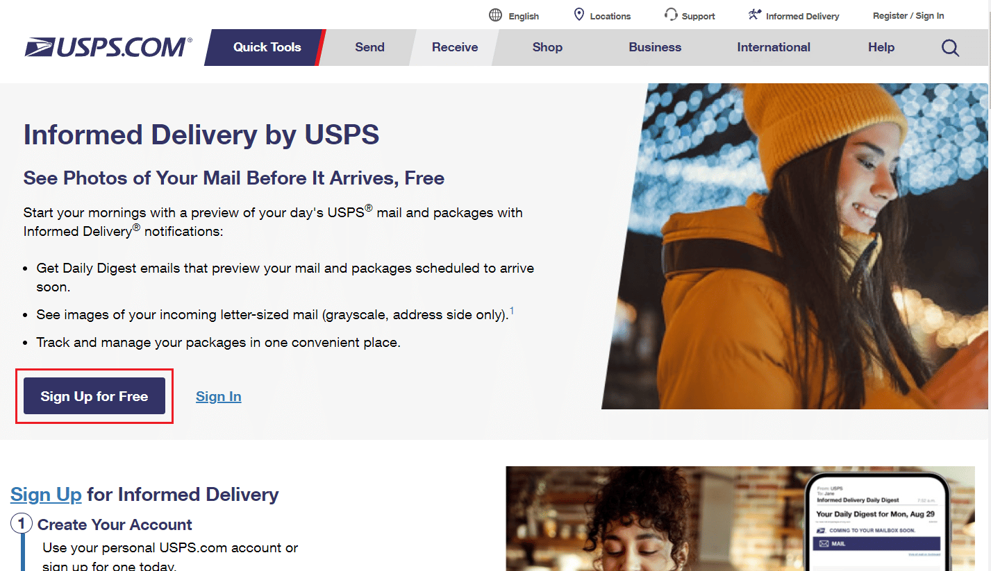 Click on Sign Up for Free | reset password or change username on USPS.com
