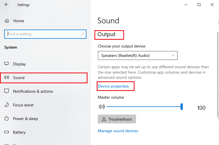 Click on Sound - Device properties under the Output menu
