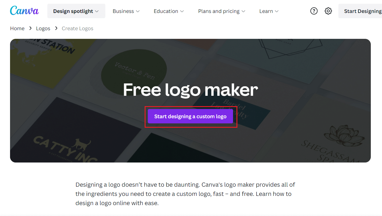 Click on Start designing a custom logo