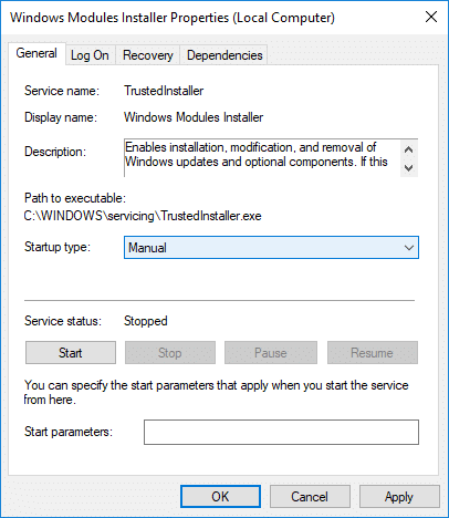 Haga clic en Detener en el Instalador de módulos de Windows y luego, en el menú desplegable Tipo de inicio, seleccione Manual