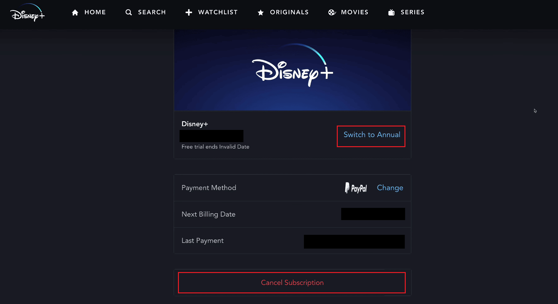 Click on Switch to Annual (or Monthly) or click on the Cancel Subscription option to cancel it