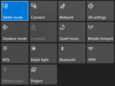 Нажмите «Режим планшета» в Центре действий, чтобы включить его | Исправить блокировку вращения, выделенную серым цветом в Windows 10