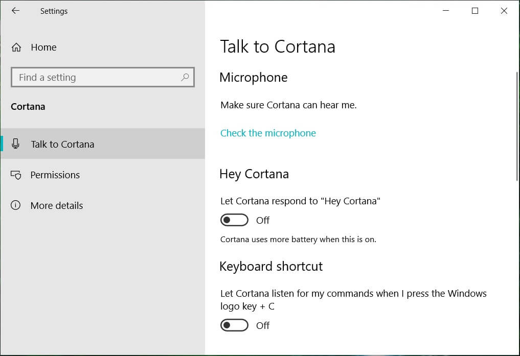 Click on Talk to Cortana from the left pane