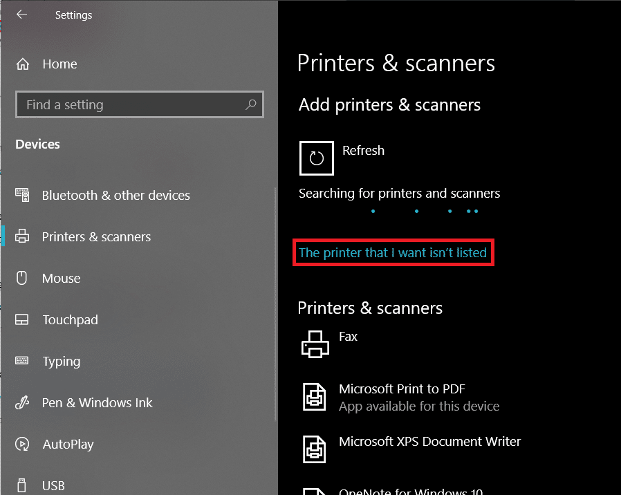 Click on The printer that I want isn’t listed hyperlink | Fix Common Printer Problems in Windows 10
