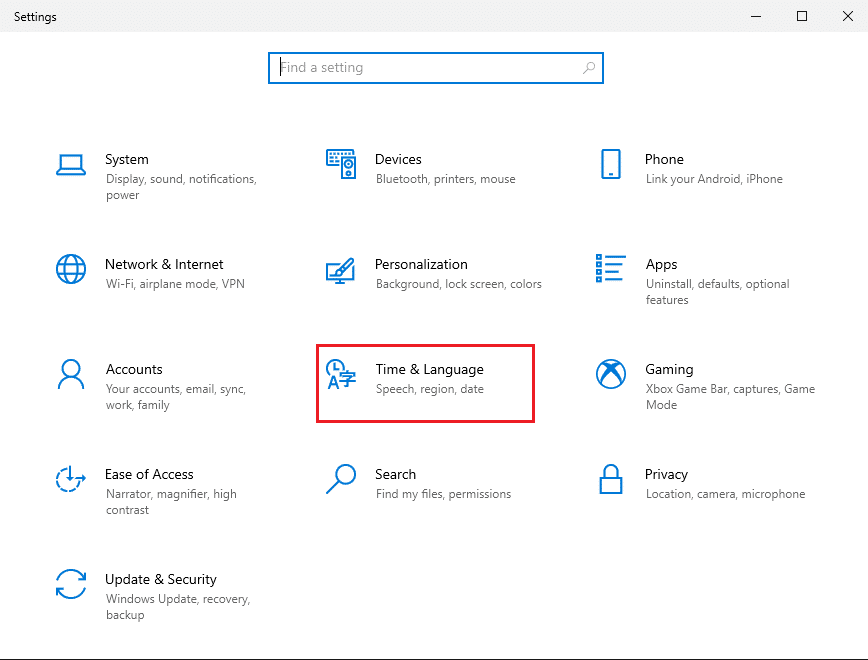 Fare clic su Ora e lingua | Correggi il blocco maiuscole bloccato in Windows 10
