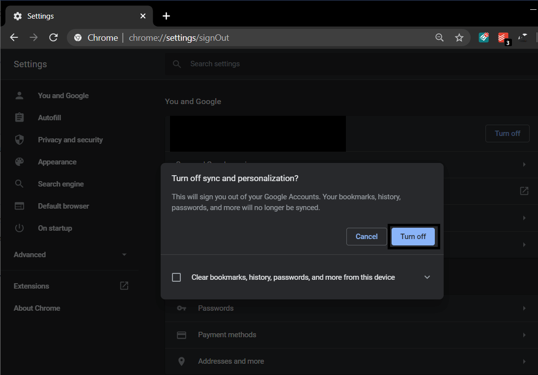 Click on Turn Off again to confirm | Fix Google Chrome Not Saving Passwords