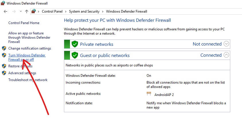 Click on Turn Windows Defender Firewall on or off | The remote device or resource won't accept the connection