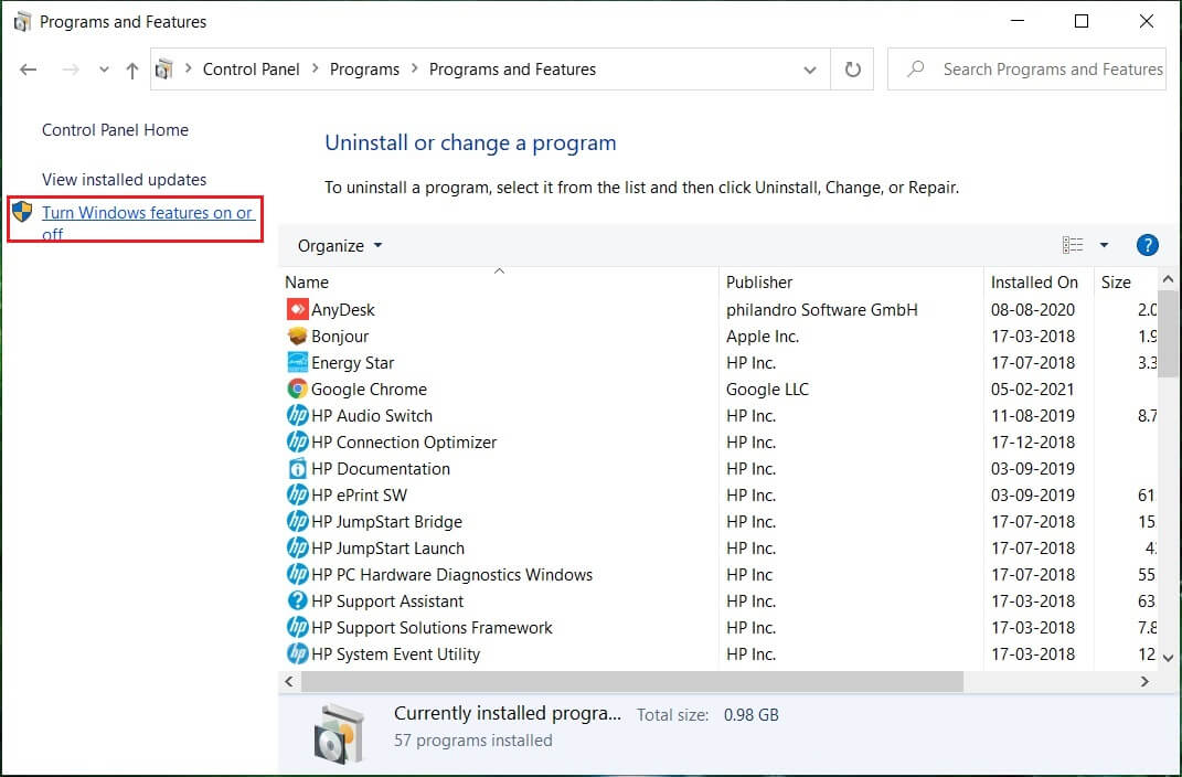 Click on Turn Windows features on or off at the right side of the screen.