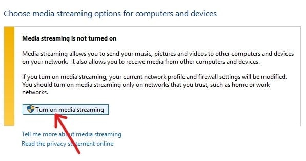 Click on Turn on Media Streaming button | Enable DLNA Server on Windows 10
