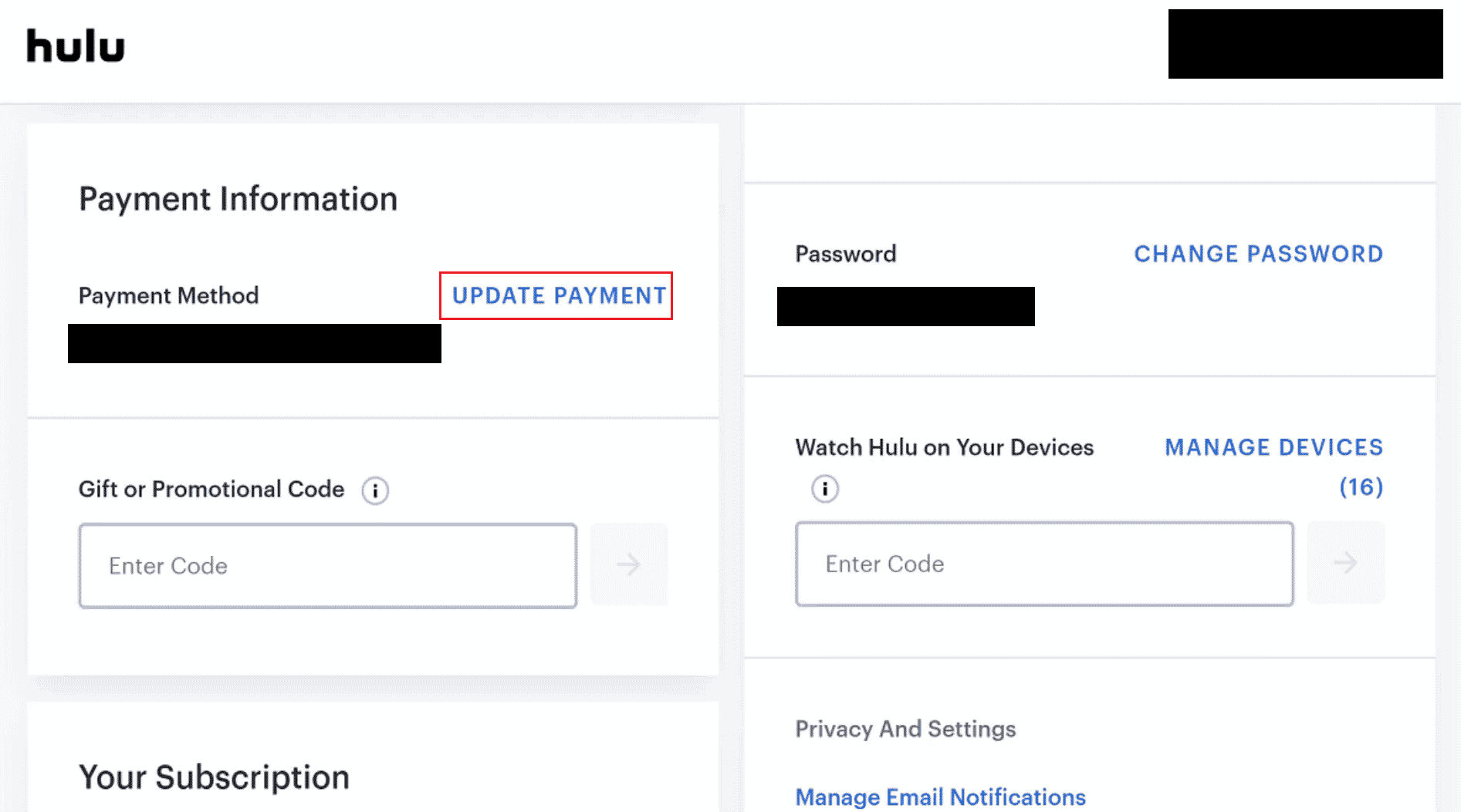 Click on UPDATE PAYMENT next to Payment Method