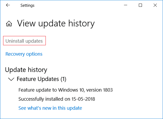 Click on Uninstall updates under view update history