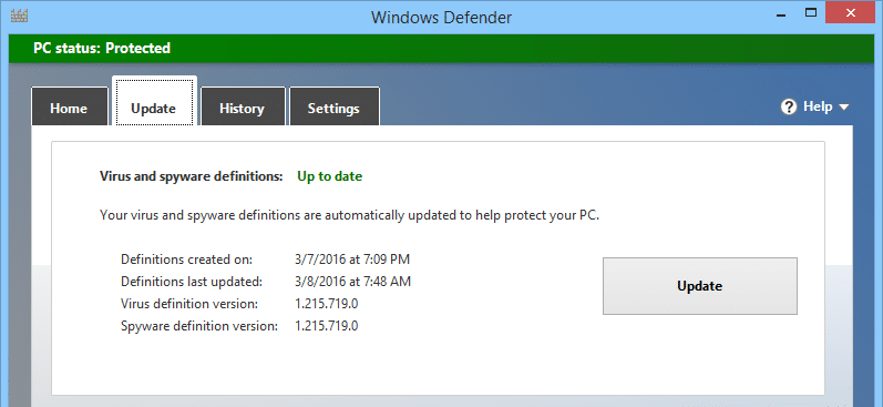 Click on Update and wait for Windows Defender to download and install updates