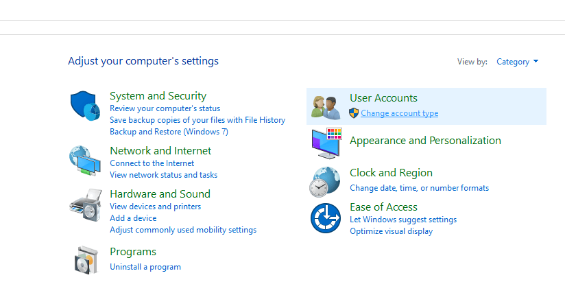 Click on User Accounts folder | Fix Error 0X80010108 In Windows 10
