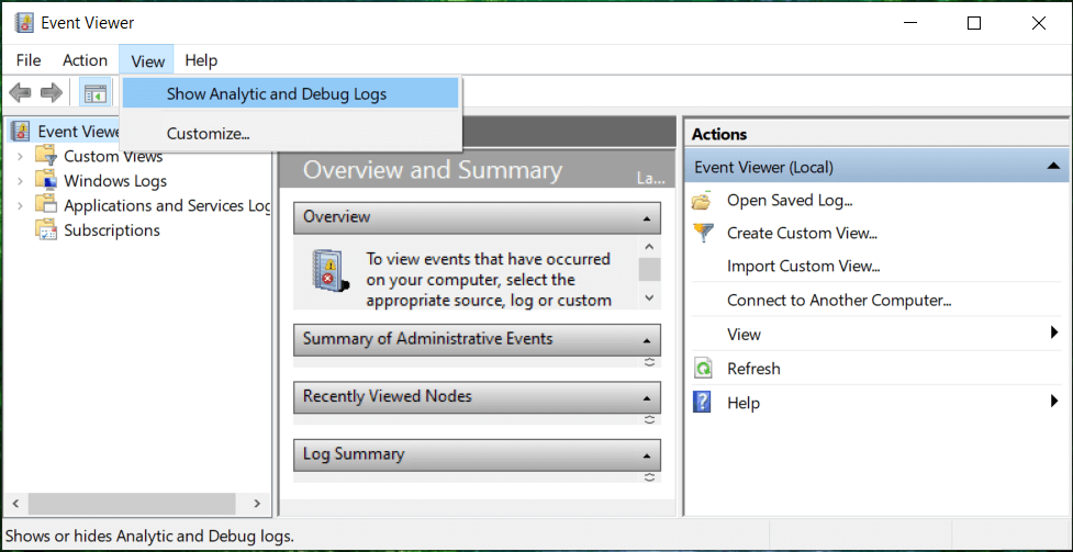 Click on View and then select Show Analytic and Debug Logs option