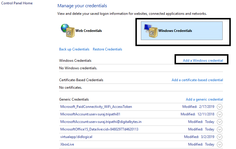 Click on Windows Credentials in the box | Fix Enter Network Credentials Error on Windows 10